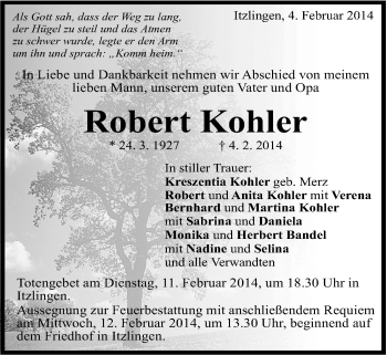 Traueranzeige von Robert Kohler von Schwäbische Post