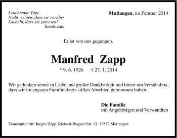 Traueranzeige von Manfred Zapp von Gmünder Tagespost