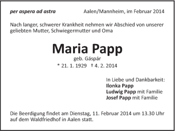 Traueranzeige von Maria Papp von Schwäbische Post
