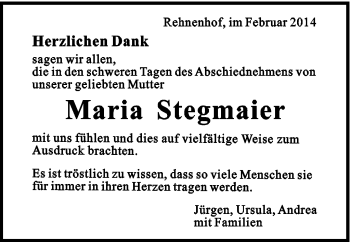 Traueranzeige von Maria Stegmaier von Gmünder Tagespost