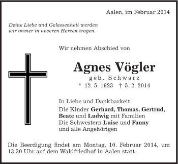 Traueranzeige von Agnes Vögler von Schwäbische Post