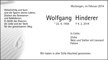 Traueranzeige von Wolfgang Hinderer von Gmünder Tagespost