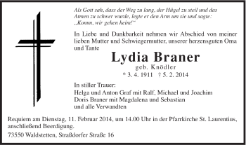 Traueranzeige von Lydia Braner von Gmünder Tagespost
