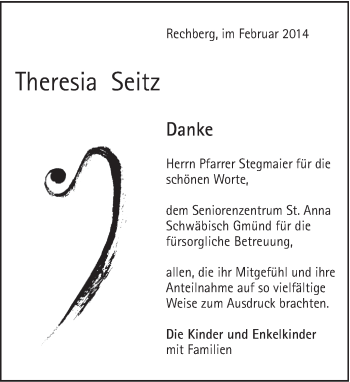 Traueranzeige von Theresia Seitz von Gmünder Tagespost