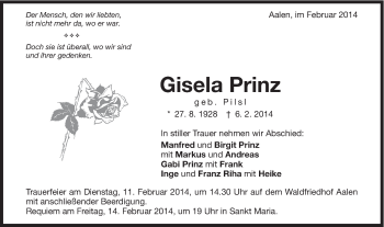 Traueranzeige von Gisela Prinz von Schwäbische Post