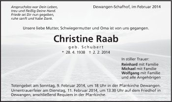 Traueranzeige von Christine Raab von Schwäbische Post
