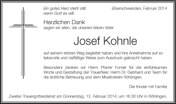Traueranzeige von Josef Kohnle von Schwäbische Post
