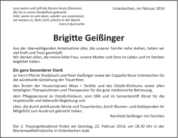 Traueranzeige von Brigitte Geißinger von Schwäbische Post