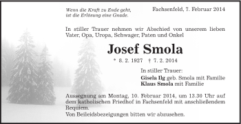 Traueranzeige von Josef Smola von Schwäbische Post