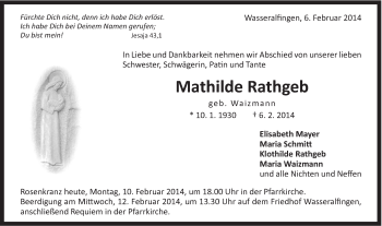 Traueranzeige von Mathilde Rathgeb von Schwäbische Post