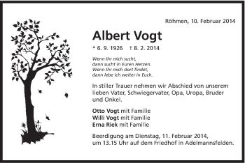 Traueranzeige von Albert Vogt von Schwäbische Post