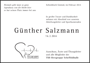 Traueranzeige von Günther Salzmann von Gmünder Tagespost