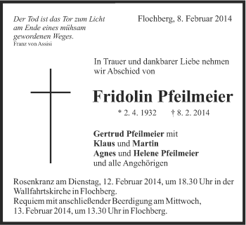 Traueranzeige von Fridolin Pfeilmeier von Schwäbische Post