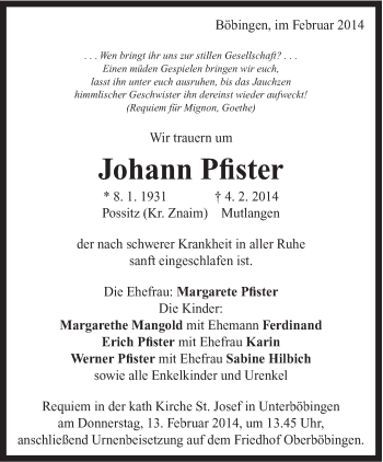 Traueranzeige von Johann Pfister von Gmünder Tagespost