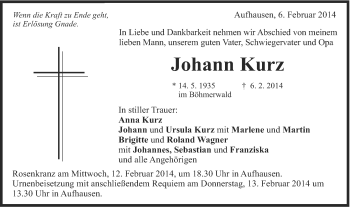 Traueranzeige von Johann Kurz von Schwäbische Post