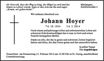 Traueranzeige von Johann Hoyer von Gmünder Tagespost
