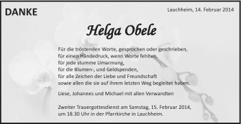 Traueranzeige von Helga Obele von Schwäbische Post