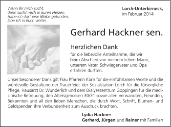 Traueranzeige von Gerhard Hackner von Gmünder Tagespost