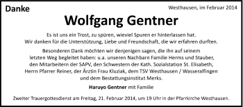 Traueranzeige von Wolfgang Gentner von Schwäbische Post