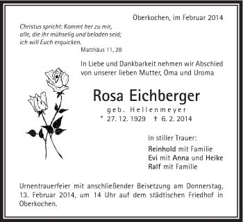 Traueranzeige von Rosa Eichberger von Schwäbische Post
