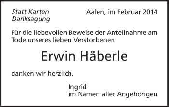 Traueranzeige von Erwin Häberle von Schwäbische Post