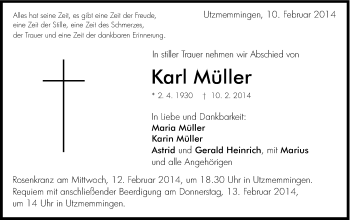 Traueranzeige von Karl Müller von Schwäbische Post