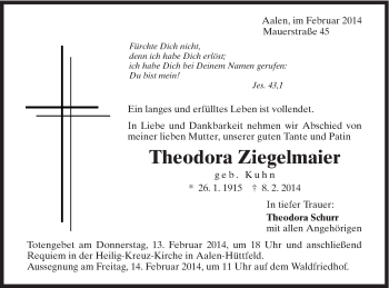 Traueranzeige von Theodora Ziegelmaier von Schwäbische Post