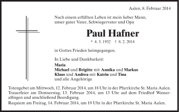 Traueranzeige von Hafner Paul von Schwäbische Post