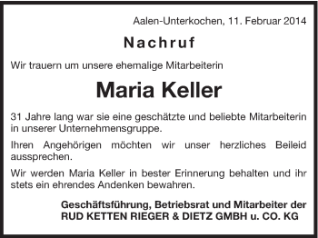 Traueranzeige von Maria Keller von Schwäbische Post