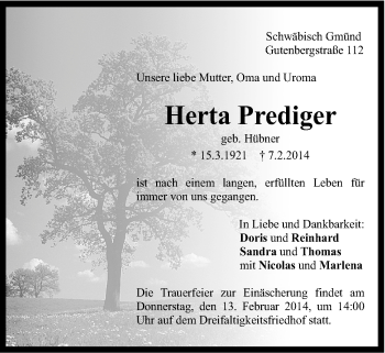 Traueranzeige von Herta Prediger von Gmünder Tagespost