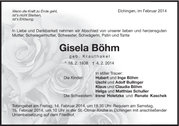 Traueranzeige von Gisela Böhm von Schwäbische Post