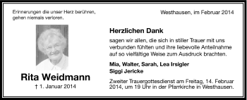 Traueranzeige von Rita Weidmann von Schwäbische Post