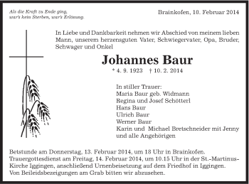 Traueranzeige von Johannes Baur von Gmünder Tagespost
