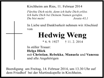 Traueranzeige von Hedwig Weng von Schwäbische Post