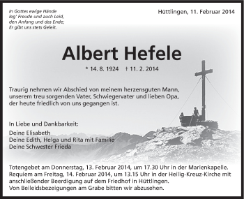 Traueranzeige von Albert Hefele von Schwäbische Post