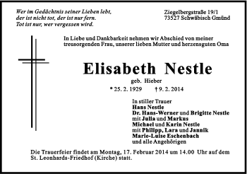 Traueranzeige von Elisabeth Nestle von Gmünder Tagespost