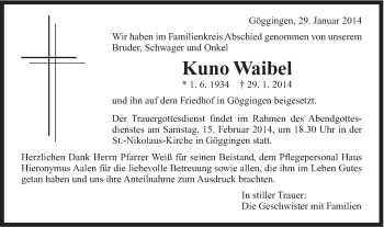 Traueranzeige von Kuno Waibel von Gmünder Tagespost