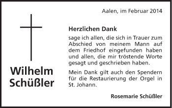 Traueranzeige von Wilhelm Schüßler von Schwäbische Post