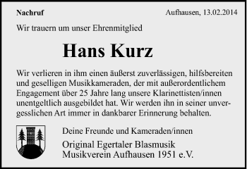 Traueranzeige von Hans Kurz von Schwäbische Post