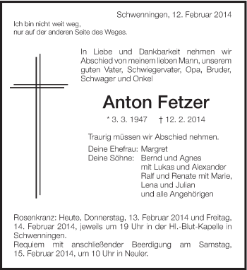 Traueranzeige von Anton Fetzer von Schwäbische Post