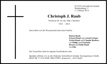 Traueranzeige von Christoph J. Raub von Gmünder Tagespost