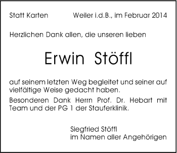 Traueranzeige von Erwin Stöffl von Gmünder Tagespost