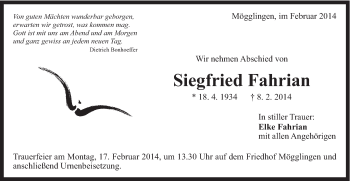 Traueranzeige von Siegfried Fahrian von Gmünder Tagespost