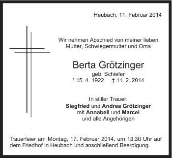 Traueranzeige von Berta Grötzinger von Gmünder Tagespost