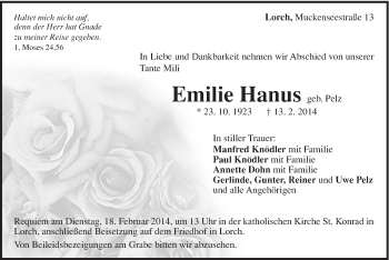 Traueranzeige von Emilie Hanus von Gmünder Tagespost