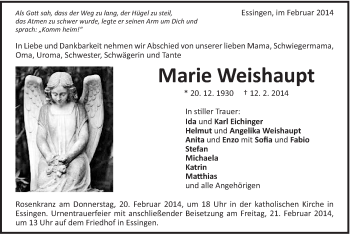 Traueranzeige von Marie Weishaupt von Schwäbische Post