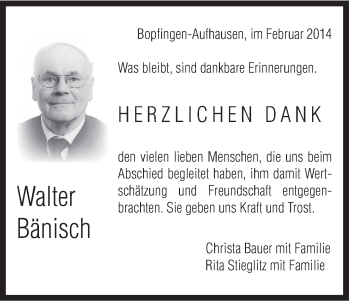 Traueranzeige von Walter Bänisch von Schwäbische Post