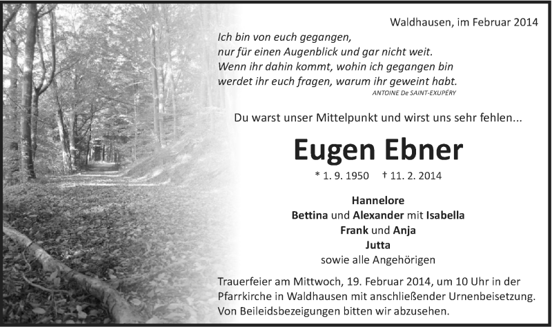  Traueranzeige für Eugen Ebner vom 14.02.2014 aus Schwäbische Post