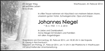 Traueranzeige von Johannes Niegel von Schwäbische Post