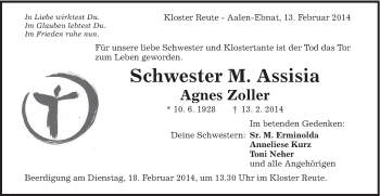 Traueranzeige von Agnes Zoller von Schwäbische Post